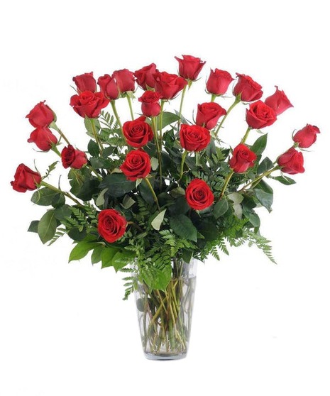 One dozen lovely long stem roses designed with greens and monte casino asters or babies breath.
