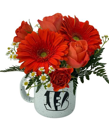 orange flowers in bengals campfire mug