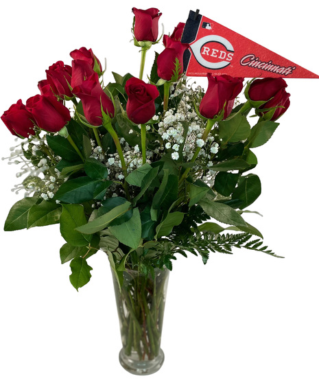 red roses with red flag for the Cincinnati reds