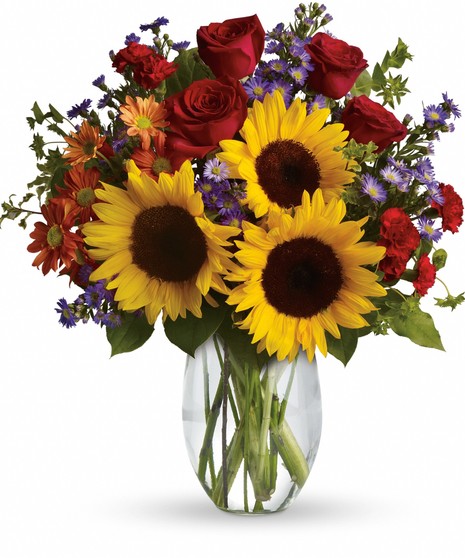 vibrant flower arrangement with sunflowers and roses