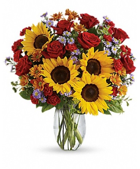 vibrant flower arrangement with sunflowers and roses