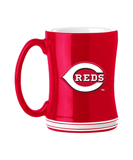 red sports mug with red and white floral arrangement
